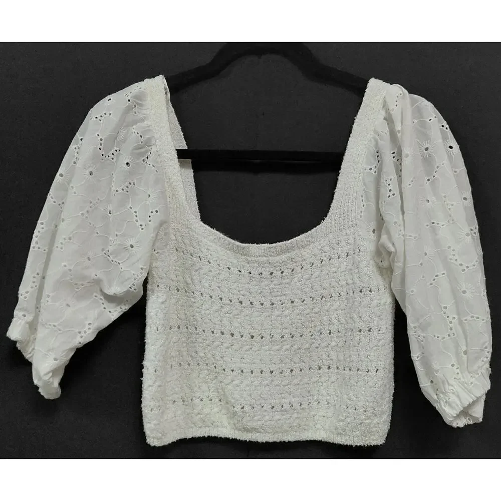 ZARA White Eyelet Puff Sleeve Top 3/4 Sleeve Square Neck Women Size S